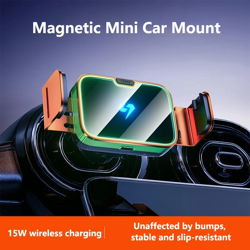 15W Magnetic Wireless Car Charger Holder Strong Magnet Suction Cup Mount Mini Inline Design with RGB Ambient Light for Car Vent