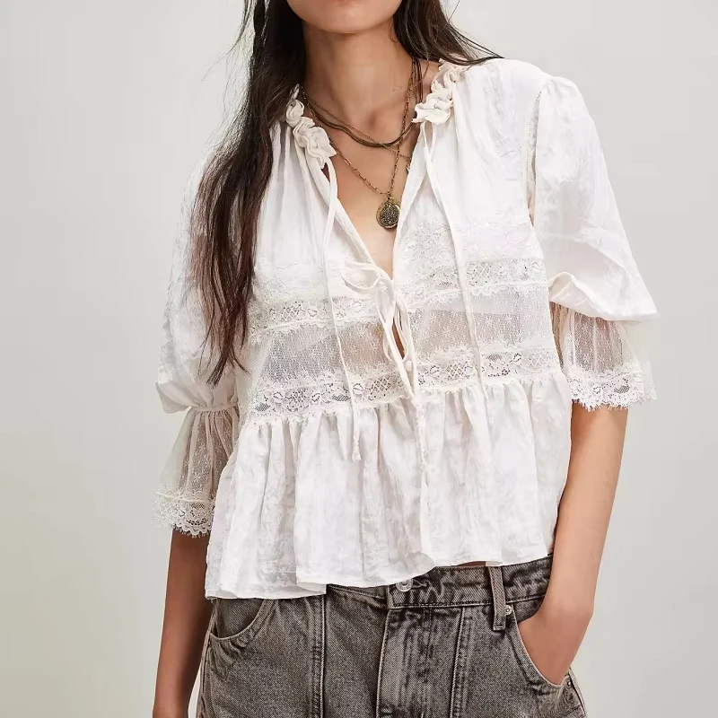 

Women Ruffle Bow Tie Peplum Tops Boho Sheer Flowy Short Sleeve Blouse Lace Eyelet Frilly Babydoll Tees Shirt Streetwear