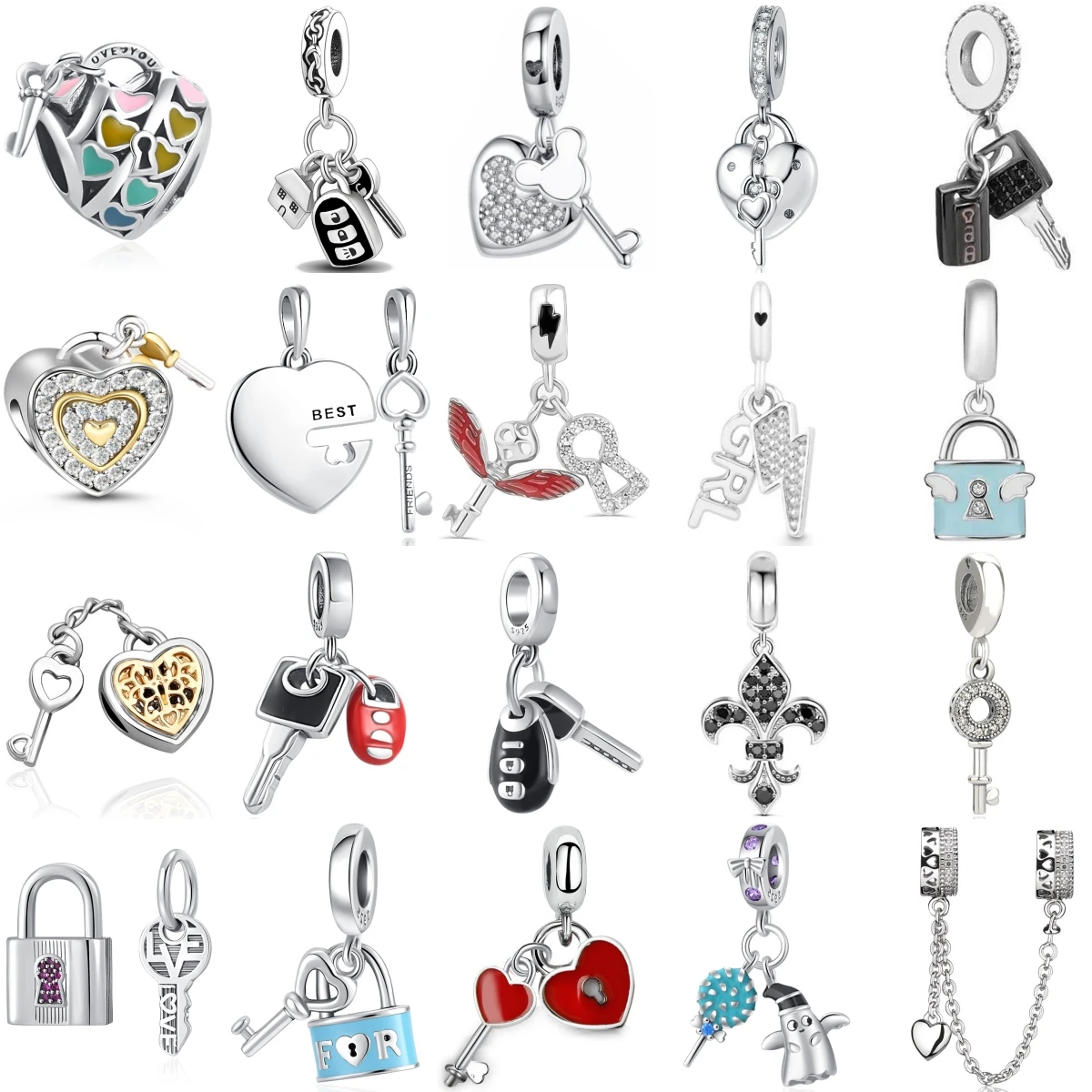 

New 925 Fashion Sterling Silver Valentine's Day Locks And Keys Charm Pendant Fit Original Bracelet DIY Fine Jewelry
