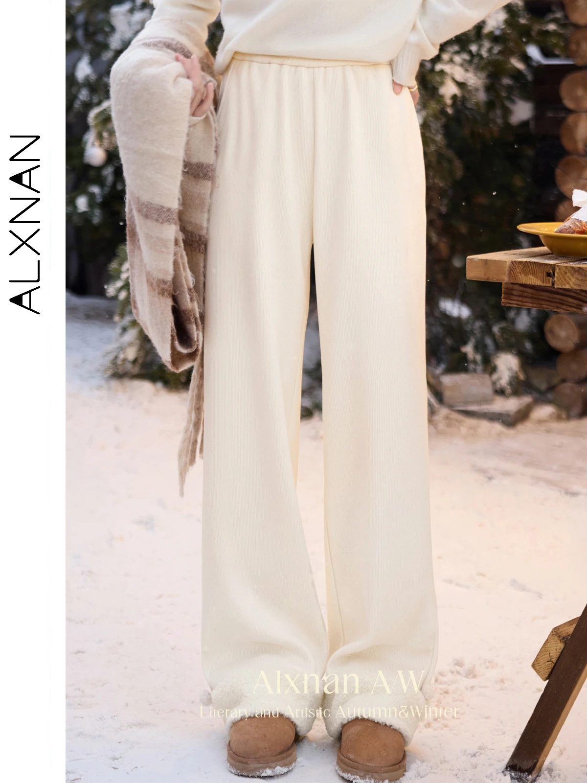 ALXNAN Women Fleece Wide Leg Pants Elastic High Waist Spliced Lamb Wool Straight Pant 2024 Winter Warm Thickness Trousers L52551