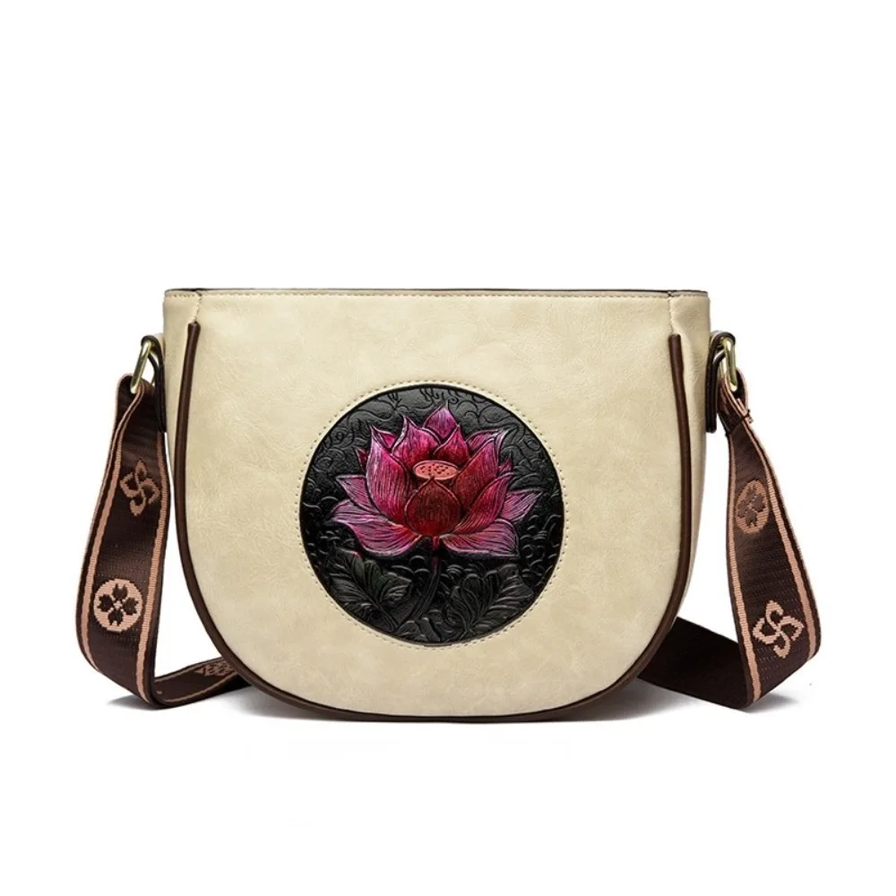 

Elegant Middle Aged Mom Bag Casual Printed Wide Strap Lotus Embossed Shoulder Bag Soft Leather Multi Pocket