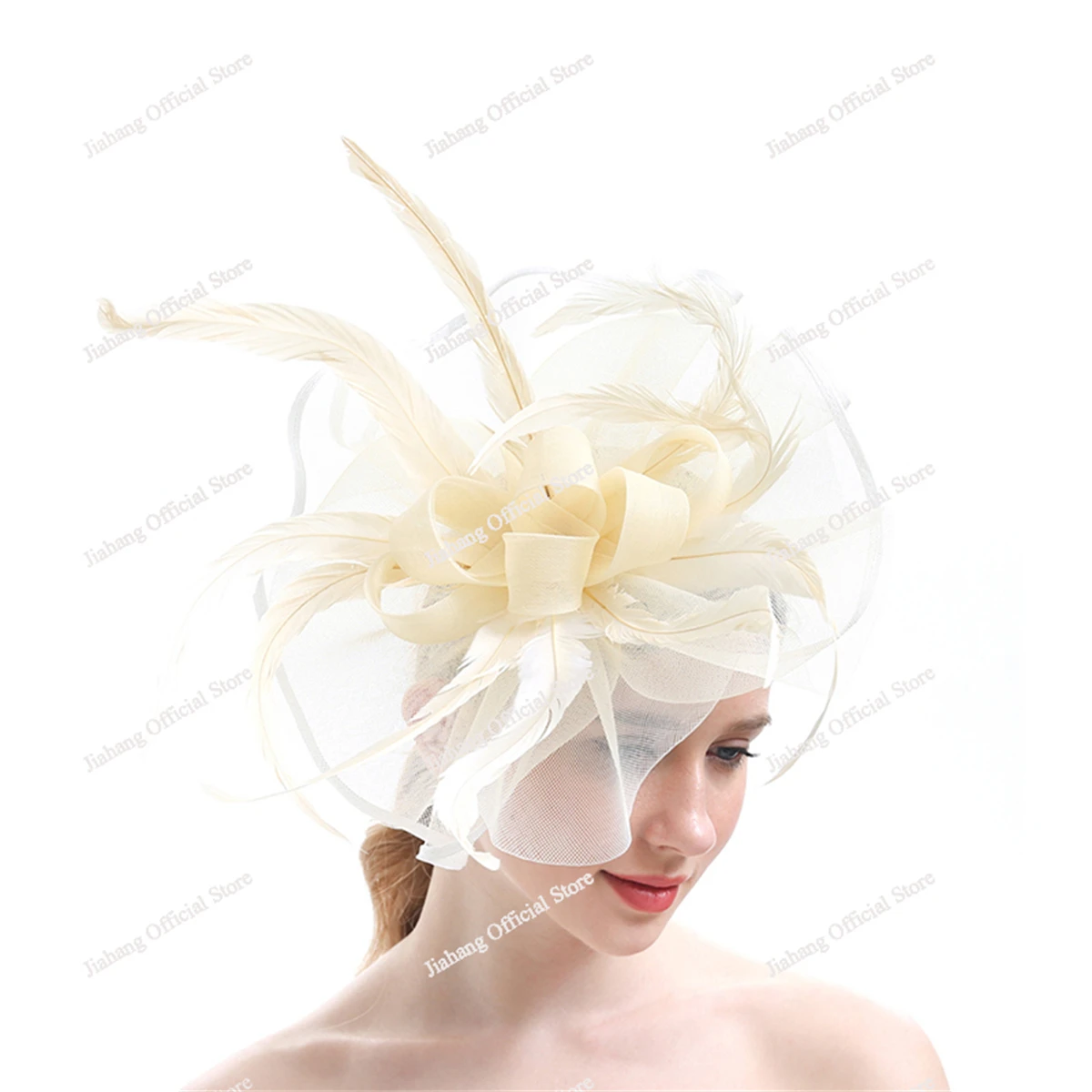 Large Chiffon Fascinators Hat with Feather, Cocktail Tea Party Horse Racing Derby Headwear for Women