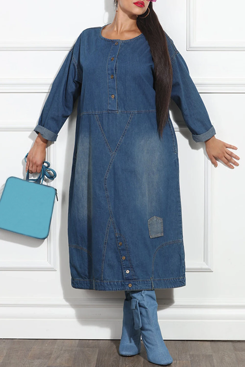 Plus Size Daily Blue Round Neck Long Sleeve Pocket Denim Midi Dresses for Women 2025