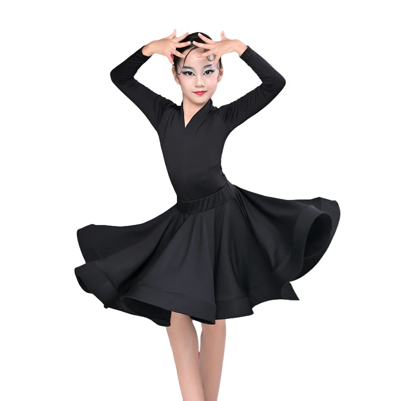 Long Short Sleeves Children Latin Dance Costume for Professional Competition Girls\' Large Swing Dress Latin Training Performance