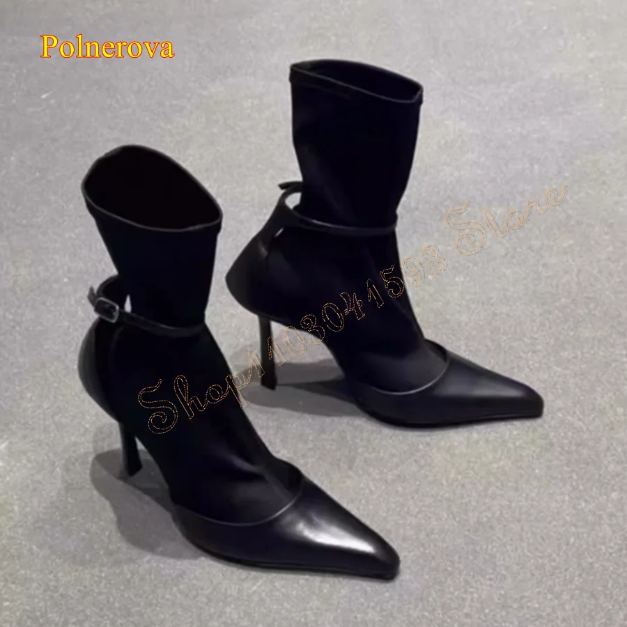 Black Pointed Toe Leather Sock Boots,Thin Heel Buckle Women Boots Wedding Party High Heel Boots 2023 New Zapatos Para Mujere