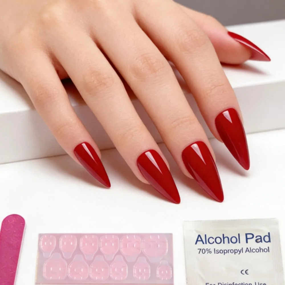 

Long Stiletto Press On Nails Bright Red Glossy Finish 24Pcs Full Cover Reusable False Nails For Women Daily Party Wear