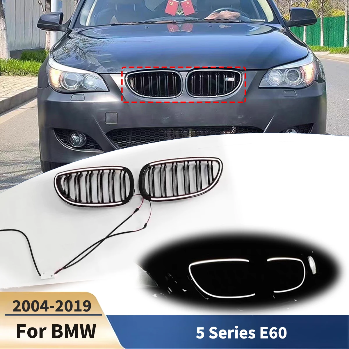 Auto-Frontgrill für BMW 5er Serie E60 2004-2009 mit LED-Doppellinien-Grillabdeckung, Karosserie-Kit, Tuning-Modifikation, Exterieur