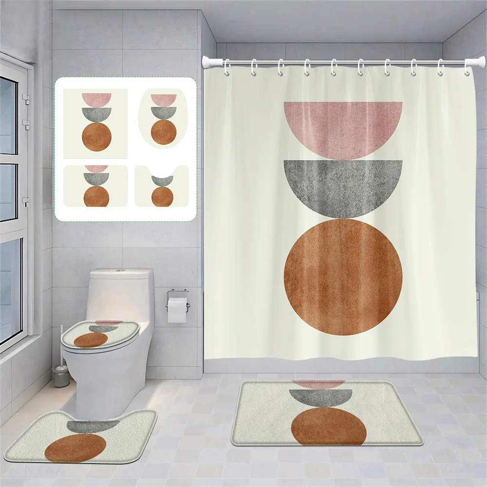 

Nordic Minimalist Abstract Geometric Bathroom suit Morandi Shower Curtain Floor Mat Toilet Mat Four-piece Home Decoration