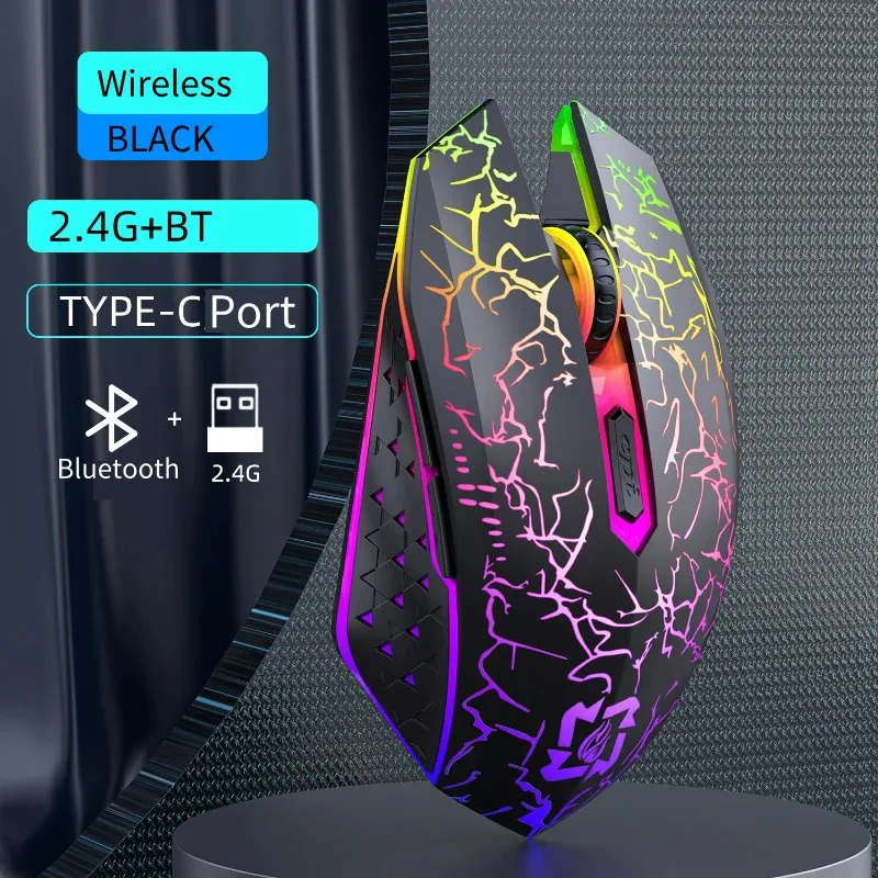 KEBIDUMEI Mouse Bluetooth 5.2 RGB 2.4G sem fio, mouse para jogos de modo duplo, 6 botões, mouse silencioso para laptops e computadores
