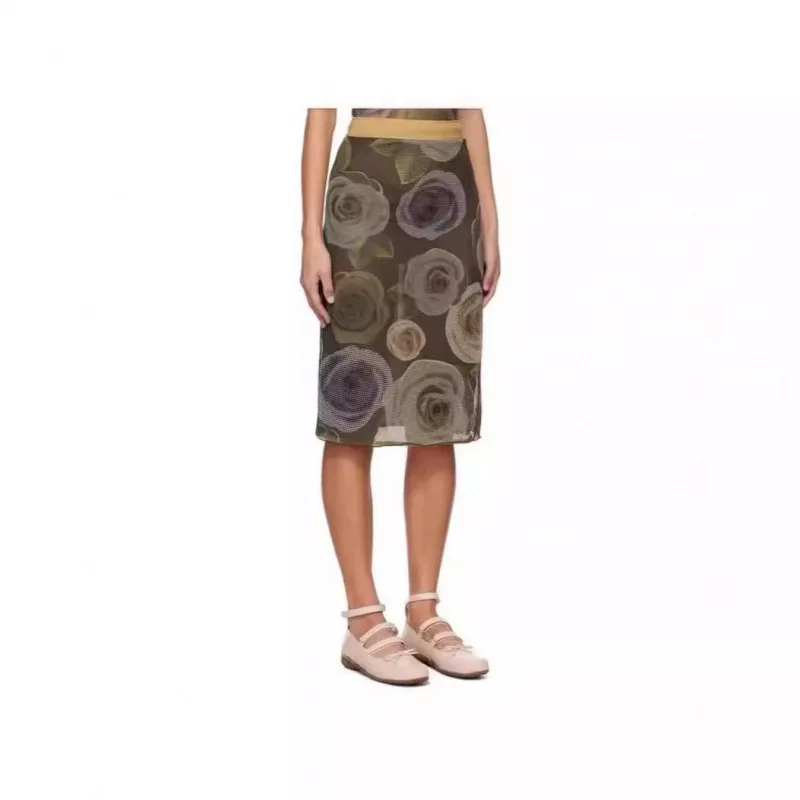 OPEN YY bustier skirt 2025 fashion summer new retro rose print Slim mesh bustier skirt package hip short skirt