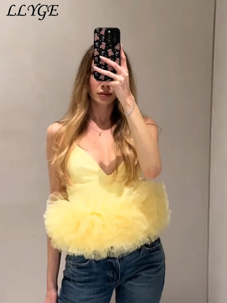 Sexy Women's Spliced Crop Sling Vest Ruffled V-neck Sleeveless Zipper Female Tops 2025 Spring Summer Lady Party Tanks New