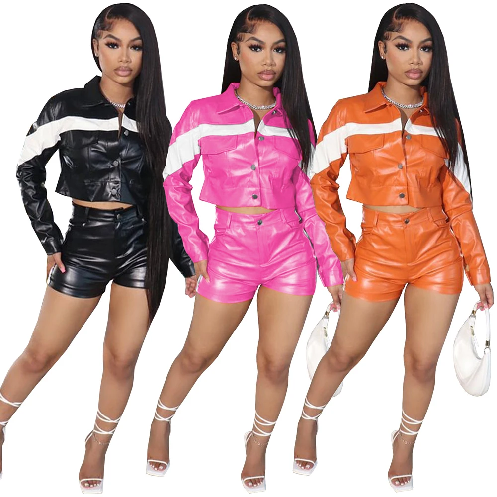 Two Piece Women Clothing Sets Street Wear Fashion Color Blocking Moto Biker Pu Leather Jacket Womens 2 Piece Matching Shorts Set