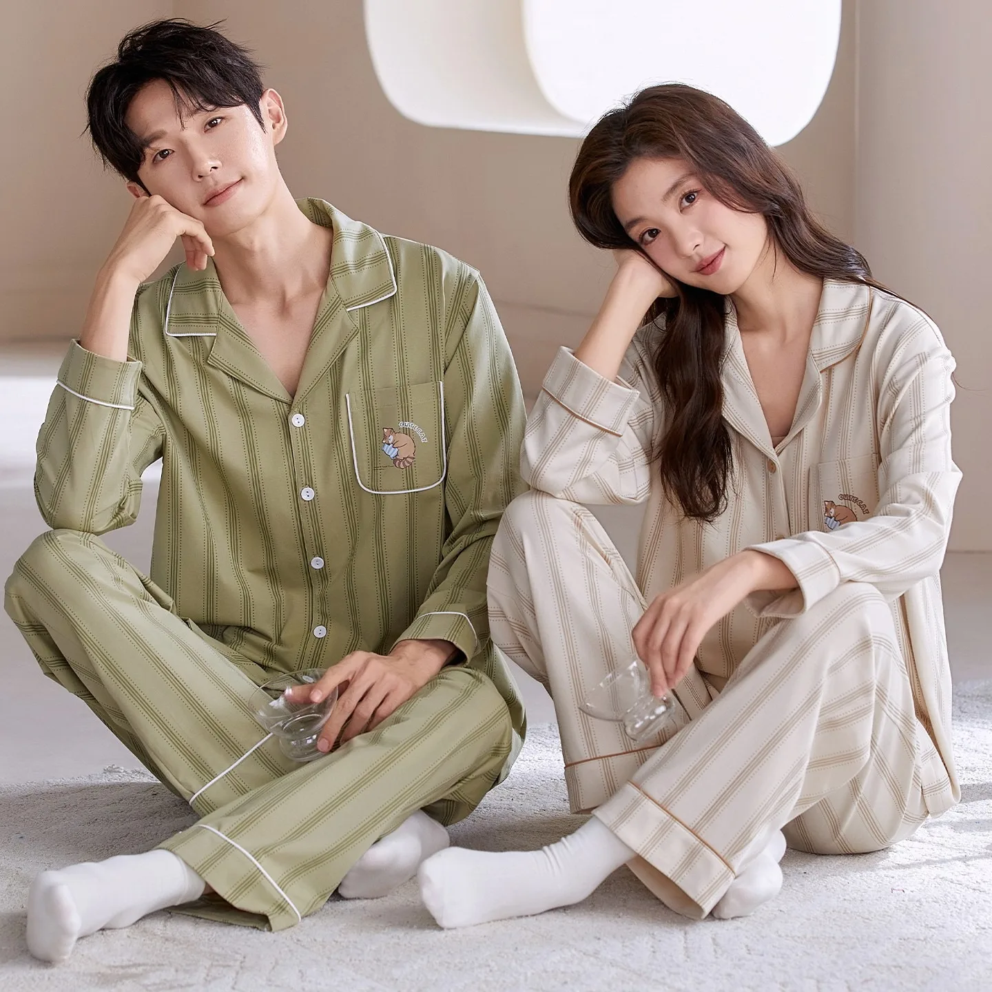 Couples Nightwear Cotton Cardigan Nightwear Married Sleepwear Autumn Spring Long Sleeves Home Clothes Mujer Hombre Pjs