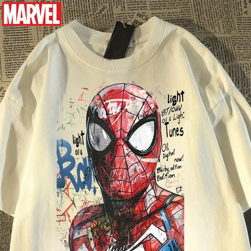 Marvel Spider-Man T-shirt Superhero Man's Summer Round Neck Scrawl Printed Breathable Short-sleeved Fashion Street Hip-hop Tops