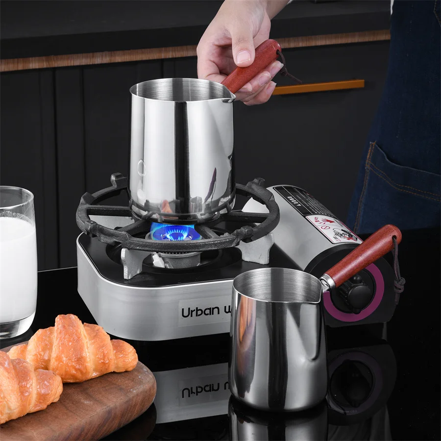 1Pcs Stainless Steel Turkish Coffee Pot (1600Ml/1000Ml) Anti-Scalding Wooden Handle with Lanyard, Stainless Steel Milk Coffee Heating Pot, Milk Foam Pot, Stainless Steel Butter Heater with Pouring Mouth, Butter Heating Pot for Making Coffee, Butter, Milk and Chocolate (Induction Cooker Discomfort)