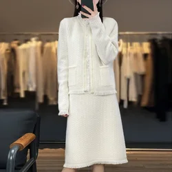 New Cashmere Wool Women's Set Long Sleeve Knitted High Grade O-Neck Cardigan Women's Sweater Fashion Long Dress Two Piece Set