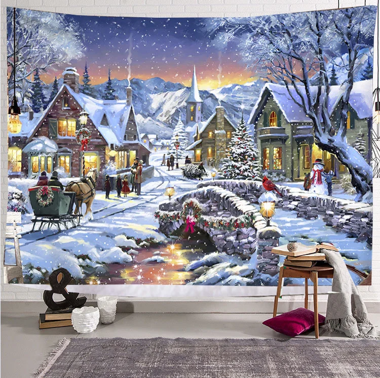 Christmas New Year Santa Claus Snow Scene Tapestry Wall Hanging Gift Elk Boho Style Bed Curtain Dorm Home Decor 