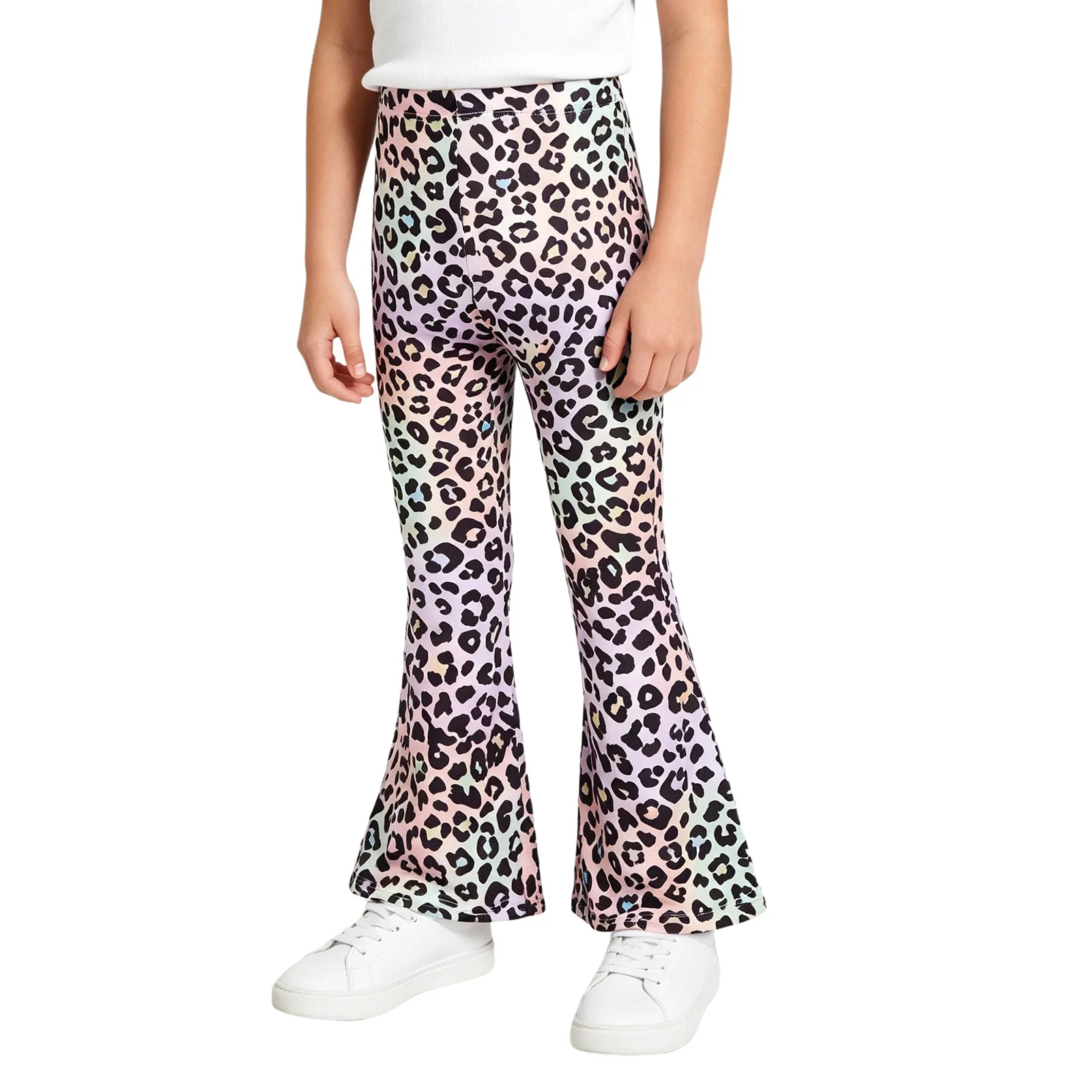 Girls Leopard Print Flared Pants Bell-bottom Leggings Kids High Waist Yoga Trousers for Sports Exercise Casual Daily Life