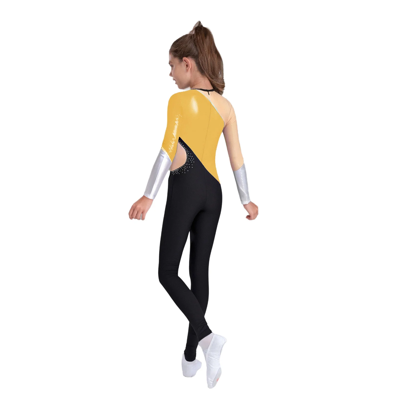 Kids Girls Metallic Color Block Gymnastics Jumpsuit Long Sleeve Bodysuit for Ballet Dance Figure Skating Performance Competition