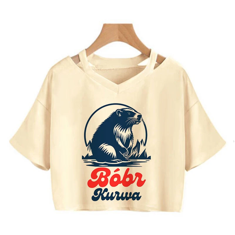 Bobr Kurwa Harajuku Y2k Crop Tops Funny Cartoon Tee Shirt Kurwa Bober Grunge Tshirt Fashion Mange Cropped T-shirt Clothes Femme