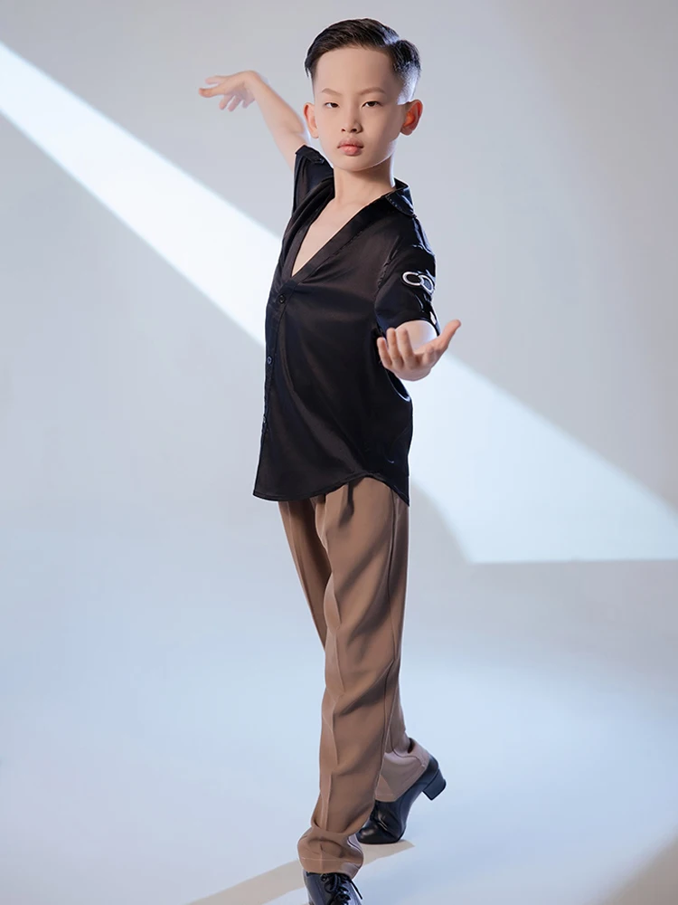 Latin Dance Costume Boys Black V-Neck Shirt Dancing Competition Suit Samba Dance Stage Wear Lain Dacne Tops Pants Summer AMY345