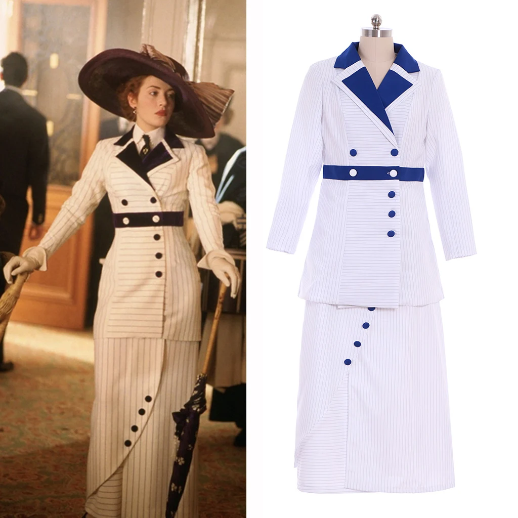 

Titanic Rose Cosplay Costume Stripes Rose Dewitt Bukater Boarding Suit Dress Outfit Women Edwardian Period Rose Costume