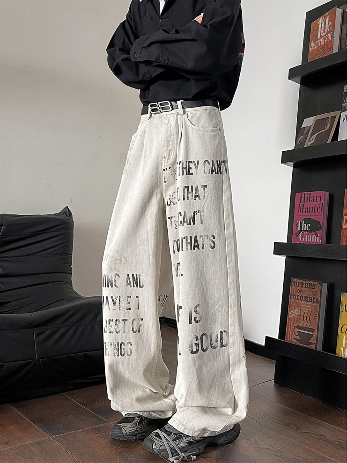 Doodle Lettering Men's Jeans High Street American Vibe Loose Wide Leg Long Trousers Graffiti Washed out Casual Fashion