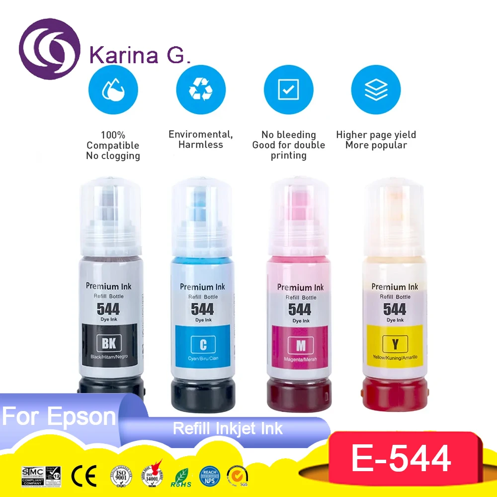 544 T544 Premium Color Compatible Bottle Water Based Refill Inkjet Ink for Epson EcoTank L1210/L1250/L3110/L3150/L3210 Printer