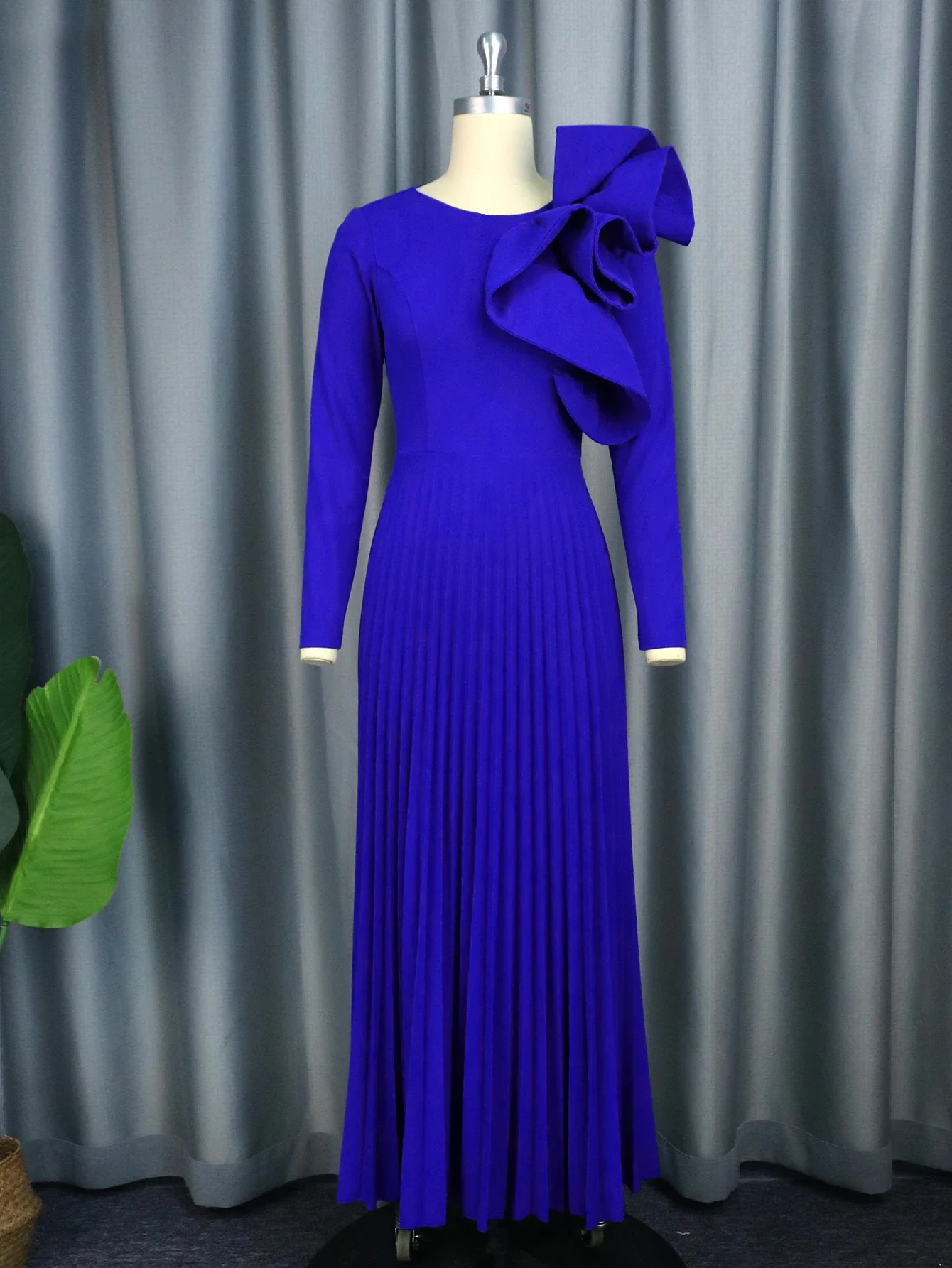 Elegant Women Pleated Party Dress O Neck Long Sleeves Ruffles Empire Modest Celebrate Birthday Wedding Event  Prom Plus Size 4XL