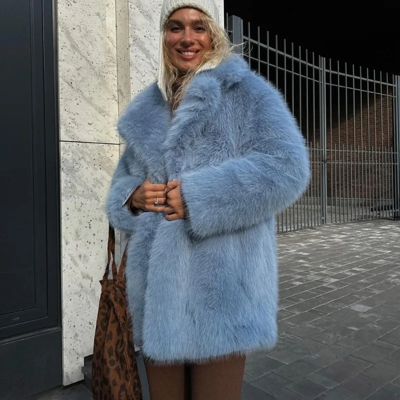 معطف نسائي أنيق من الفرو الصناعي من Tuularose دافئ منفوش فضفاض بأكمام طويلة وطية صدر السترة موضة خريف وشتاء ملابس خارجية للسيدات في الشارع العالي