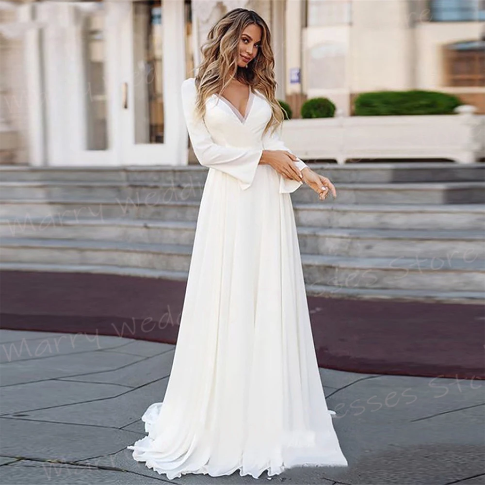 

Pretty A Line Women's Wedding Dresses Simple Appliques Lace Bride Gowns Fascinating V Neck Vestidos De Novia Boda Long Sleeve