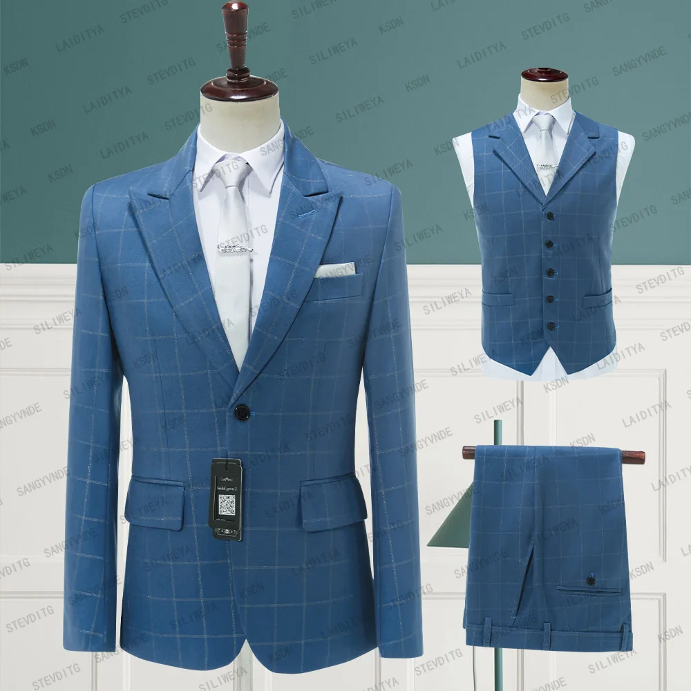 

Blazers Pants Vest 3 Pieces Set 2023 Men's Business Casual Fashion Three Pieces Blue Plaid Suit Jacket Coat Trousers Waistcoat