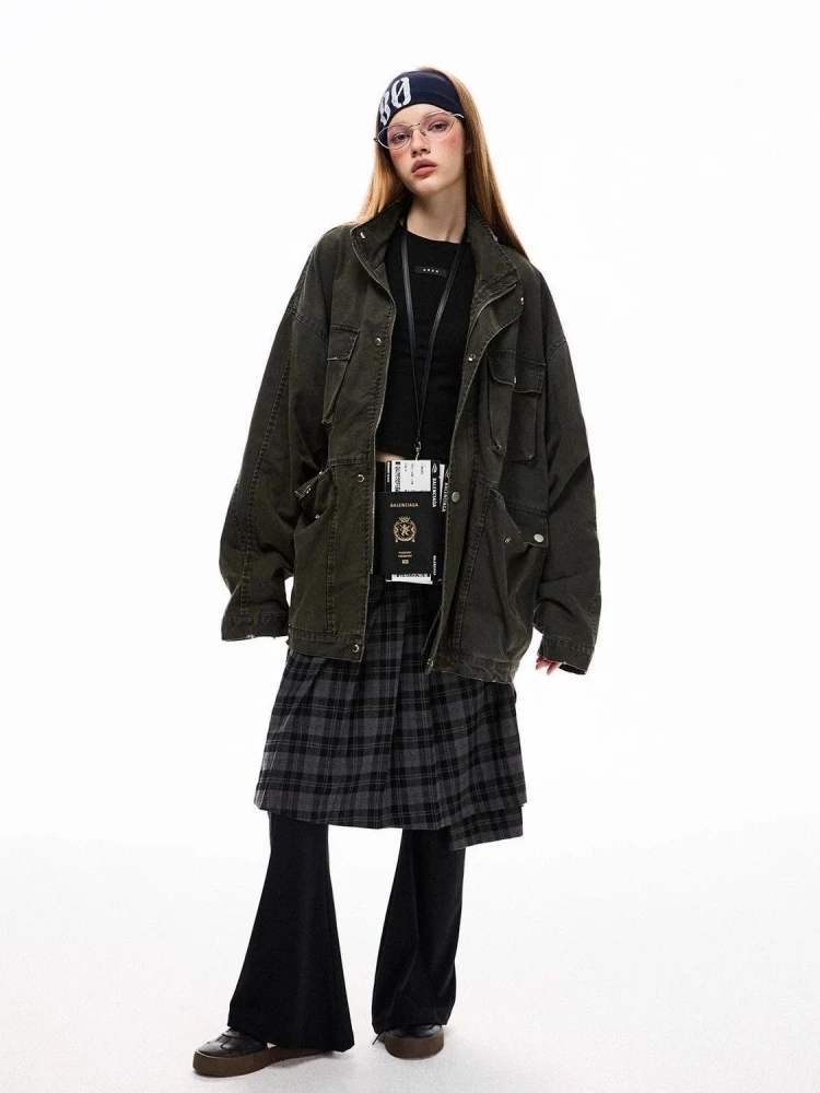 

Военный стильный повседневный джинсовый жакет для женщин, осенняя новинка, модный кардиган с длинными рукавами, на молнии, с высоким воротником