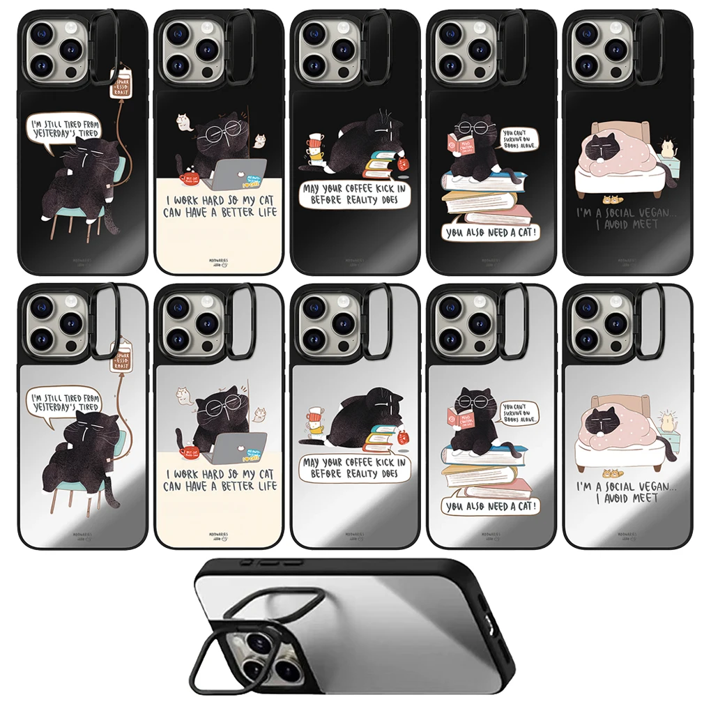 

Hardworking Black Cat Camera Stand Mirror Magnetic Phone Case Cover for IPhone 16 15 14 13 12 Pro Max Case for IPhone 16 Pro Max