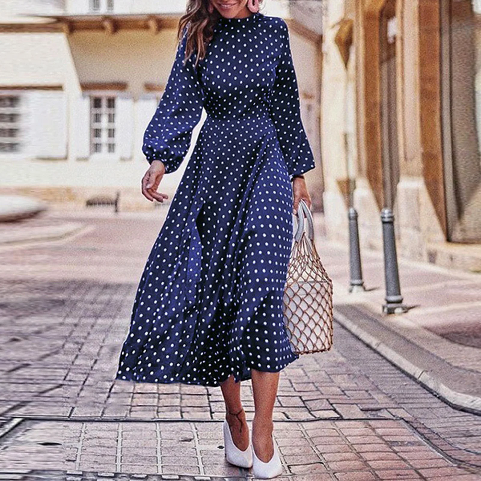 

Women's Casual Fashion Round Neck Elegant Polka Dot Long Sleeve Hem Dress Women Summer Vacation Beach Dresses Ropa Clothing