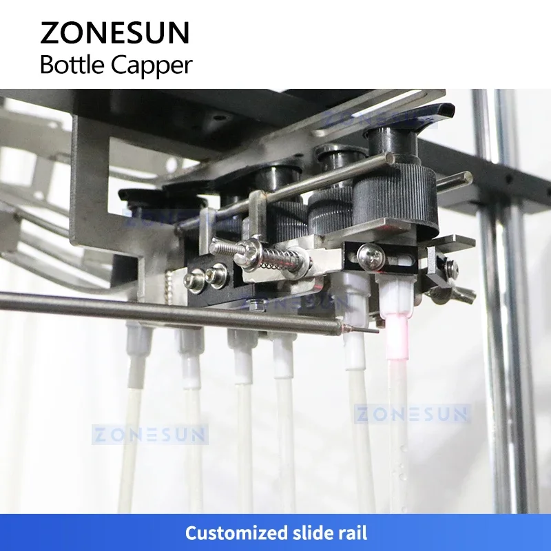 ماكينة تغطية الزجاجات بمضخة Zonesun ، كابر 4 عجلات ، مغذي وعاء اهتزازي ، موزع مضخة ، معدات تعبئة الزجاجات ،