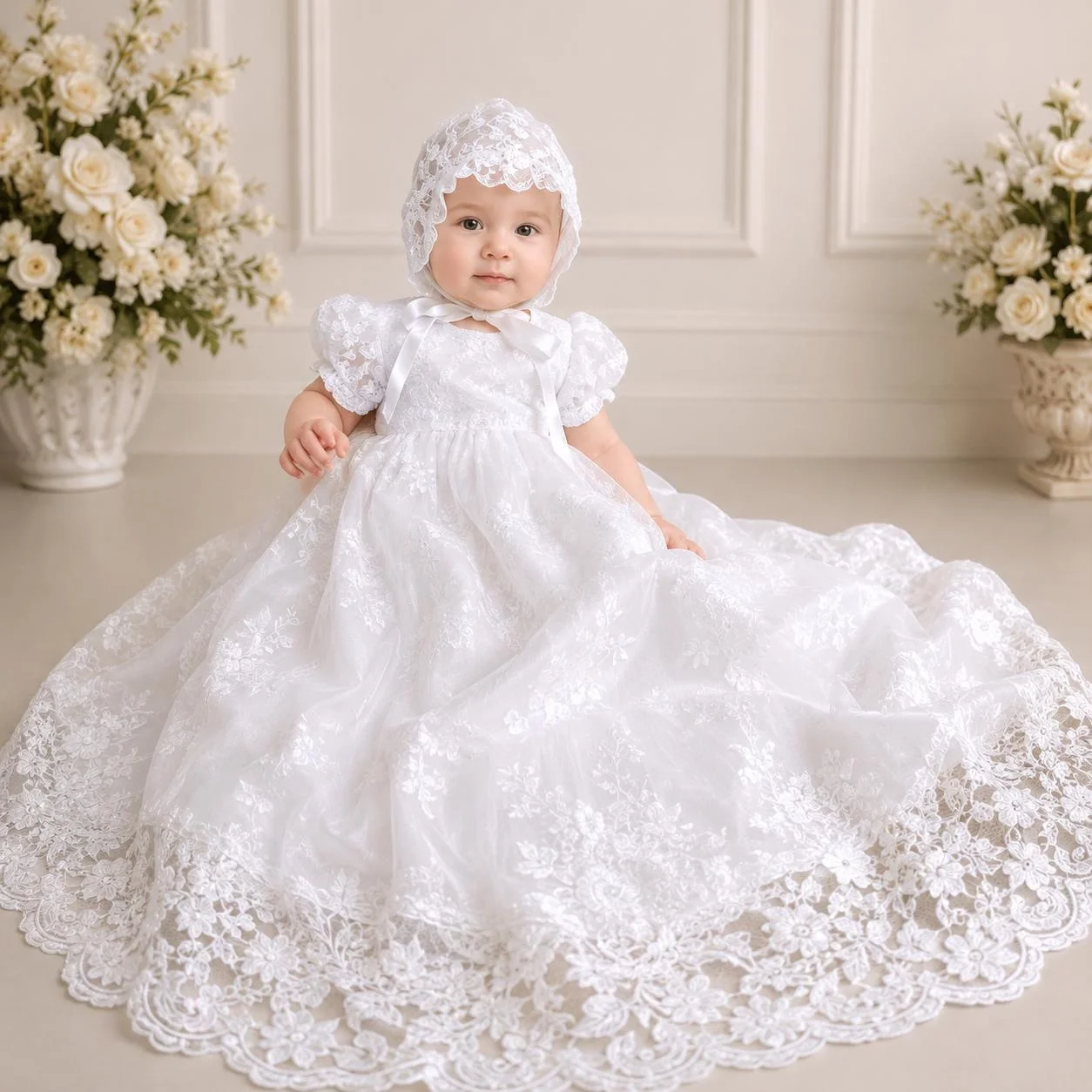 White Lace Baby Christening Gown with Bonnet Heirloom Baptism Dress, Long Train Blessing Outfit Infant Communion Dress Gown
