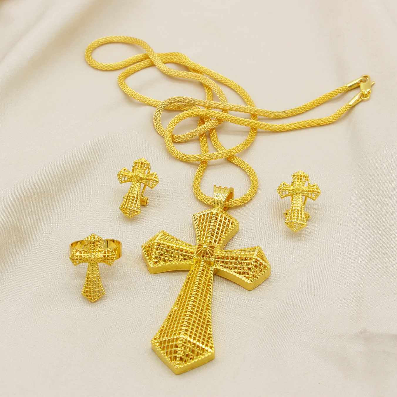 Gold Color Ethiopian Orthodox Cross Jewelry Set Hollow Mesh Cross Pendant Necklace Earrings Adjustable Ring African Habesha Wedd