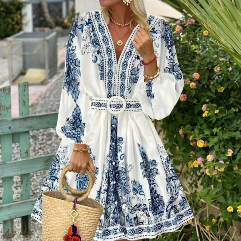 

Summer Women's Fashion V-neck Long Sleeved Bohemian Printed Dress Retro Lantern Sleeve Chinese Style Blue White Porcelain Dress