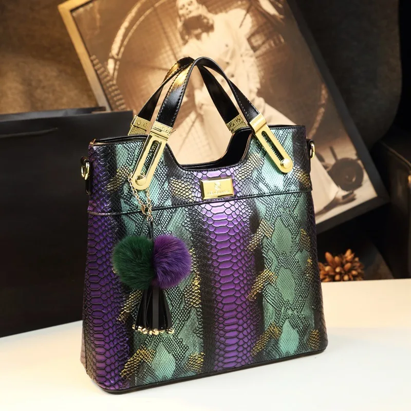 New Fashionable Large Capacity Colorful Handbag Ladies Snake Print Shoulder Bag