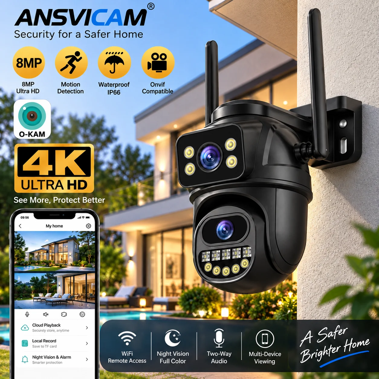 8MP 4K Dual Lens PTZ Security Camera WiFi Outdoor IP Camera 4X Digital Zoom AI Human Detection ONVIF BELIA