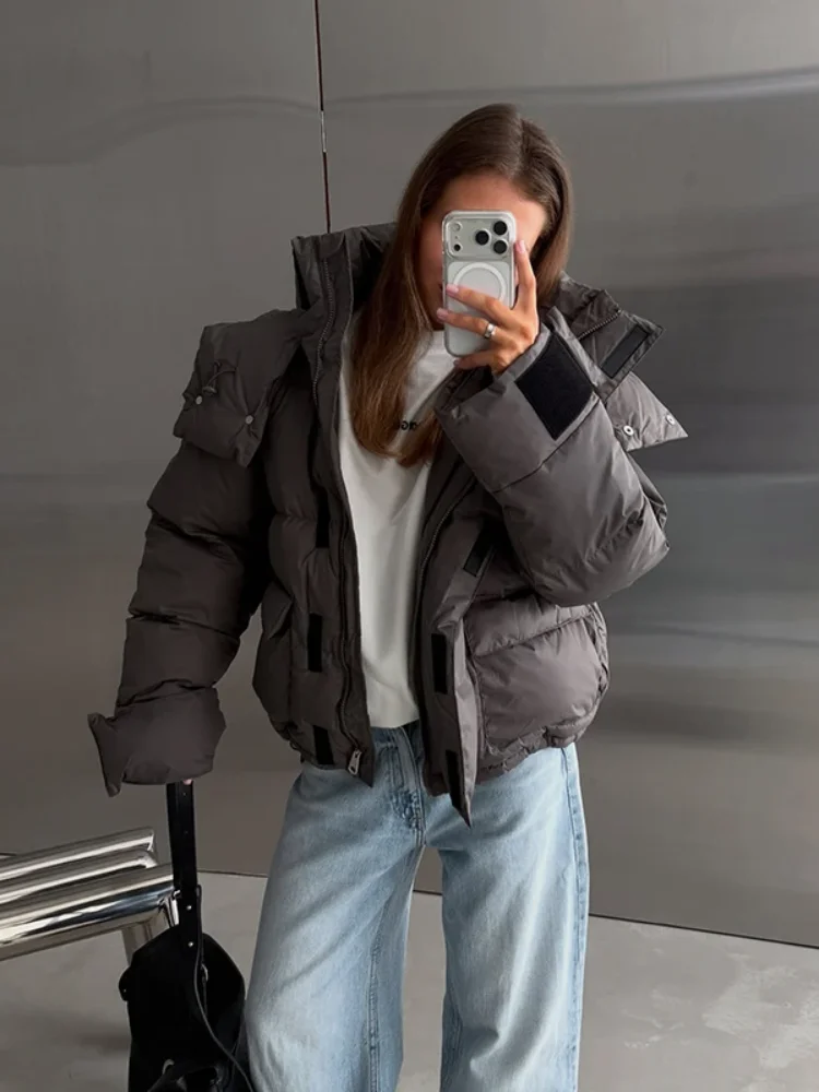 Grey Oversized Hooded Puffer Jacket Zip Up Quilted Winter Coat With Pocket Windproof Women Warm Outerwear Chic Street Overcoat