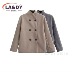 2024 Women Fashion Loose Stand Collar Double Breasted Woolen Coat Female Solid Color Casual Long Sleeve Outerwear