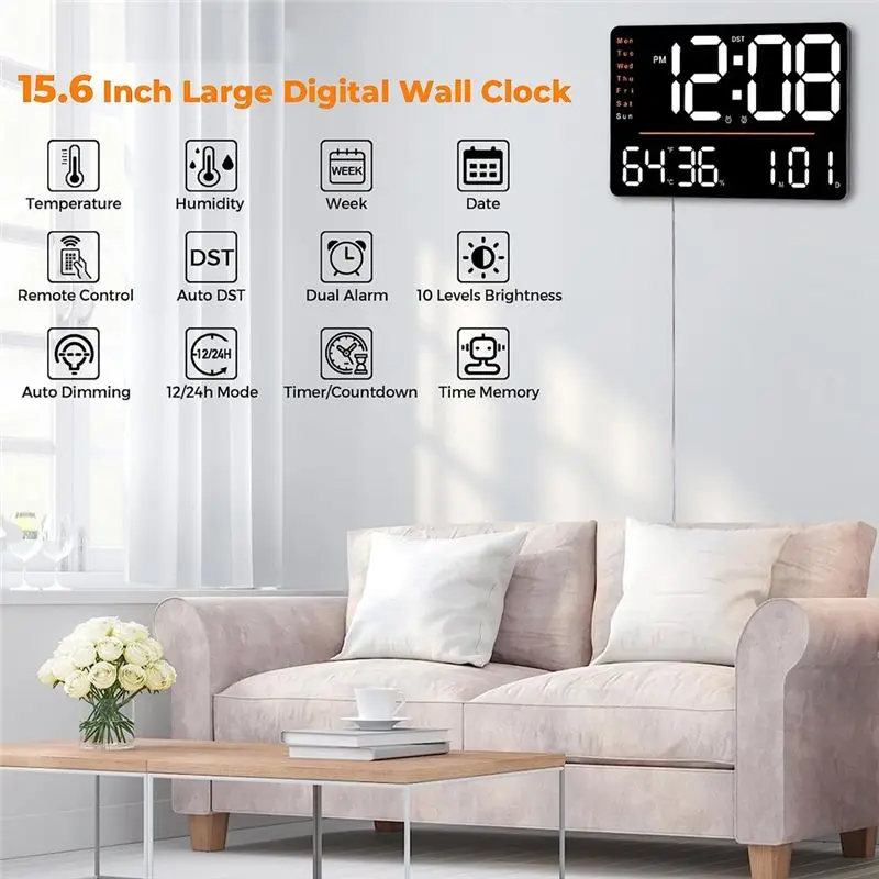 AA10RR Digitale Wanduhr, 15,6 Zoll LED-Wanduhr mit großem Display, mit Fernbedienung, für Wohnzimmer, Klassenzimmer, Fitnessstud