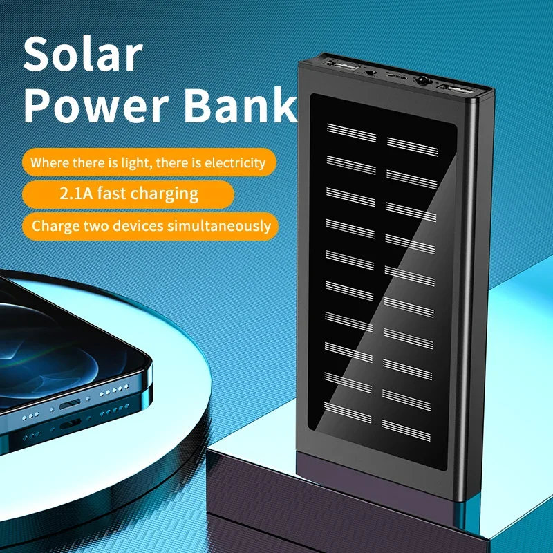 Power Bank 20000mAh Solar Charging 2 USB Output Fast Charging Portable External Battery Pack for iPhone Samsung Xiaomi Powerbank