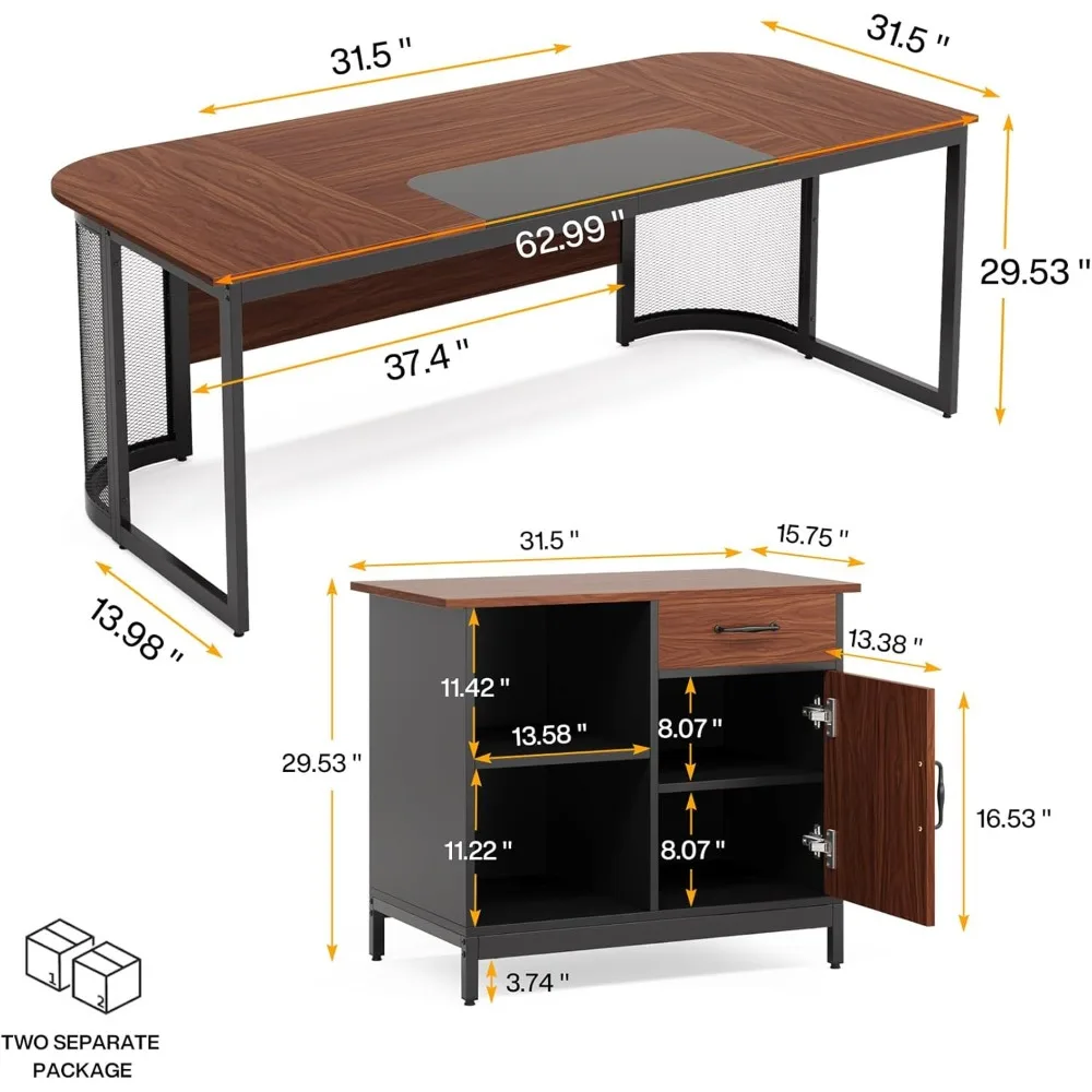 63" Executive Desk, L-Shaped Desk with Drawer Cabinet, Large Corner Executive Office Desk with Storage Shelves