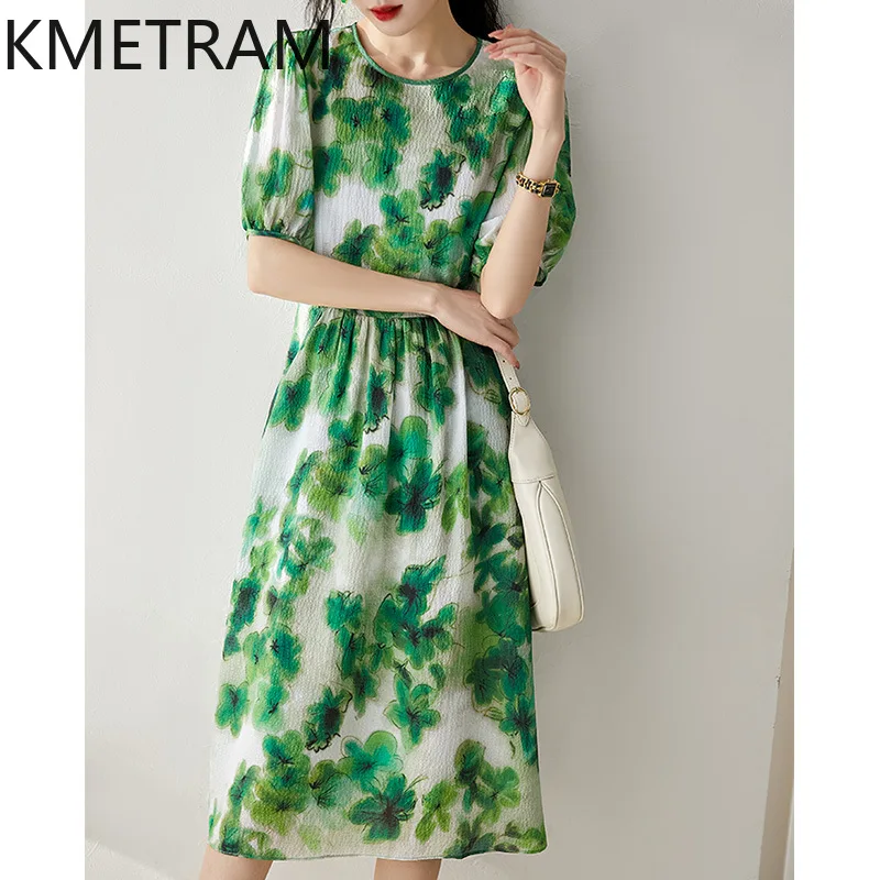 KMETRAM Mulberry Silk Floral Fairy Dress for Women 2024 Holiday Style High-end Women's Clothing Summer Mid-length Dresses New