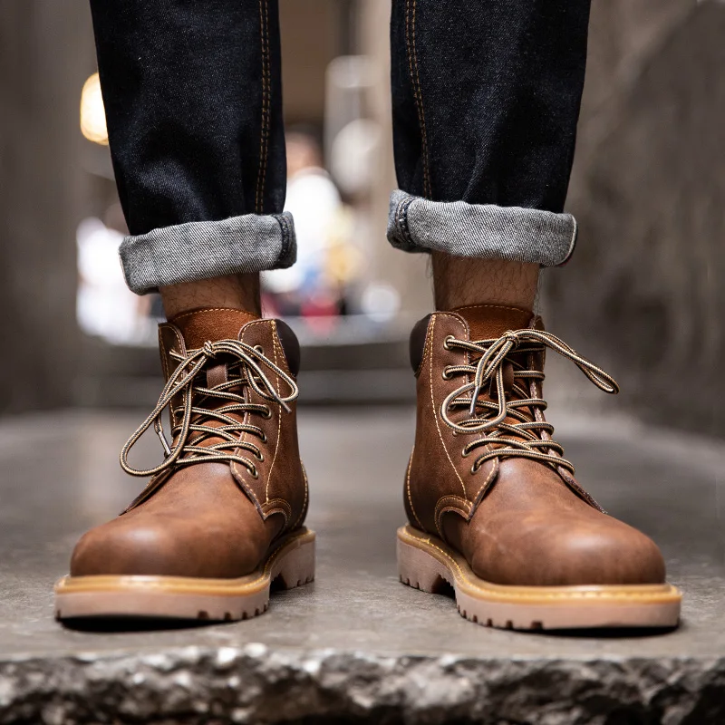 

Mr.A Autumn and Winter New Vintage Brown Winter Work Boots Casual Fleece-Lined Warm High-Top Boots Thick-Soled Round-Toe Lace-Up Men's Boots