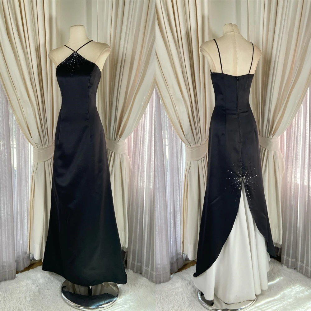 

Customized Temperament Black Satin Evening Dress Elegant Graceful Strapless Spaghetti Straps Sleeveless Special Occasion Gowns