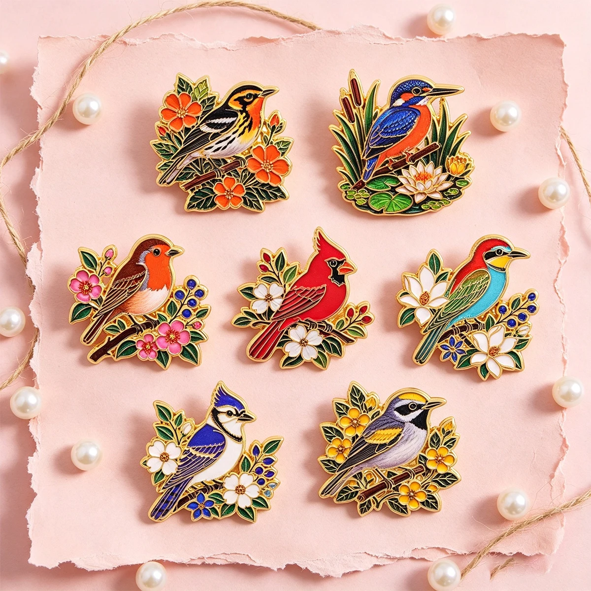 Cardinal Kingfisher Robin with Flower Metal Enamel Pins Brooches Badge on Backpack Clothing Accessories Jewelry Gift for Friends